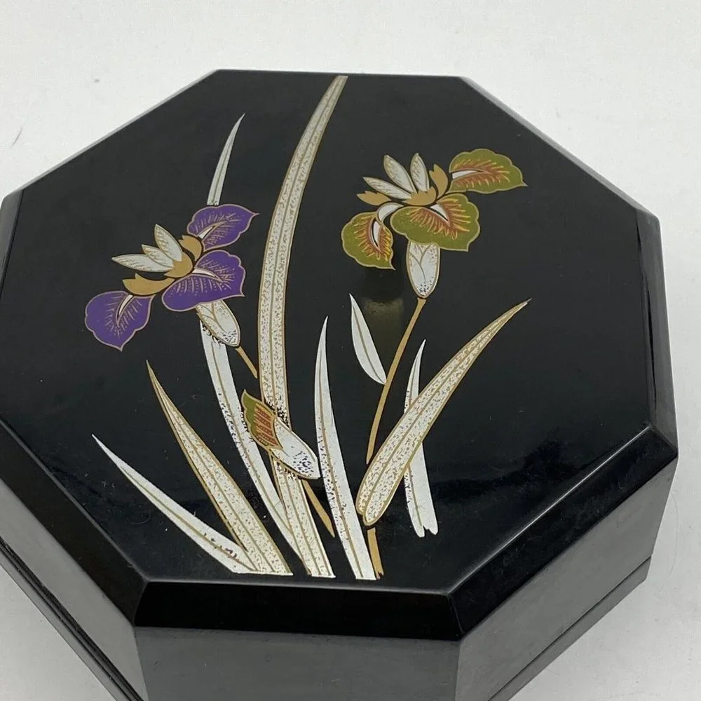 VTG Yamanaka Japan Lacquerware Nesting Boxes‎ Black Floral Trinket 2pc 70s *flaw